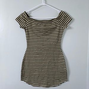 Short stripped olive color off shoulder dress